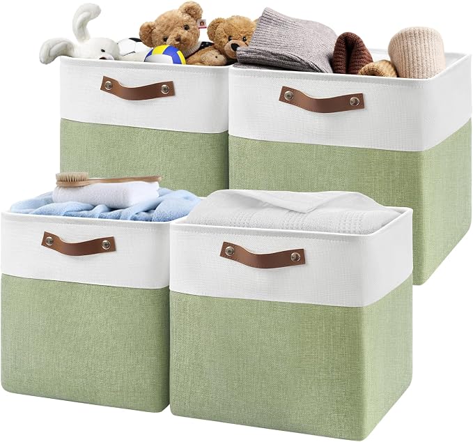 Patvingot Fabric Storage Cubes 13", 4 Pack, with PU Pull Handles,Foldable | For accessories on cube shelves or in closets; reinforced opening, pull-out access, folds flat when empty,white and green
