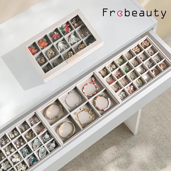 Frebeauty Stackable Jewelry Trays,Set of 4 Jewelry Organizer for Drawer | Glass Lid,Removable Dividers,Stackable Design,Velvet Material,Drawer Inserts,Earring Organizer,Jewelry Box for Rings Bracelet