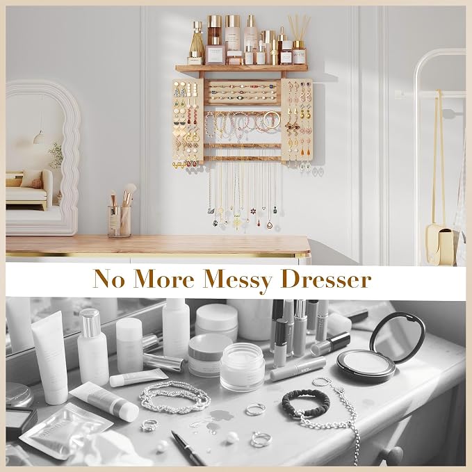 Emfogo Jewelry Organizer Hanging Wall Mounted Jewelry Holder, 5-in-1 Large Capacity Necklace Organizer Display for Ring, Necklaces, Bracelets, Earrings (Rustic Wood)