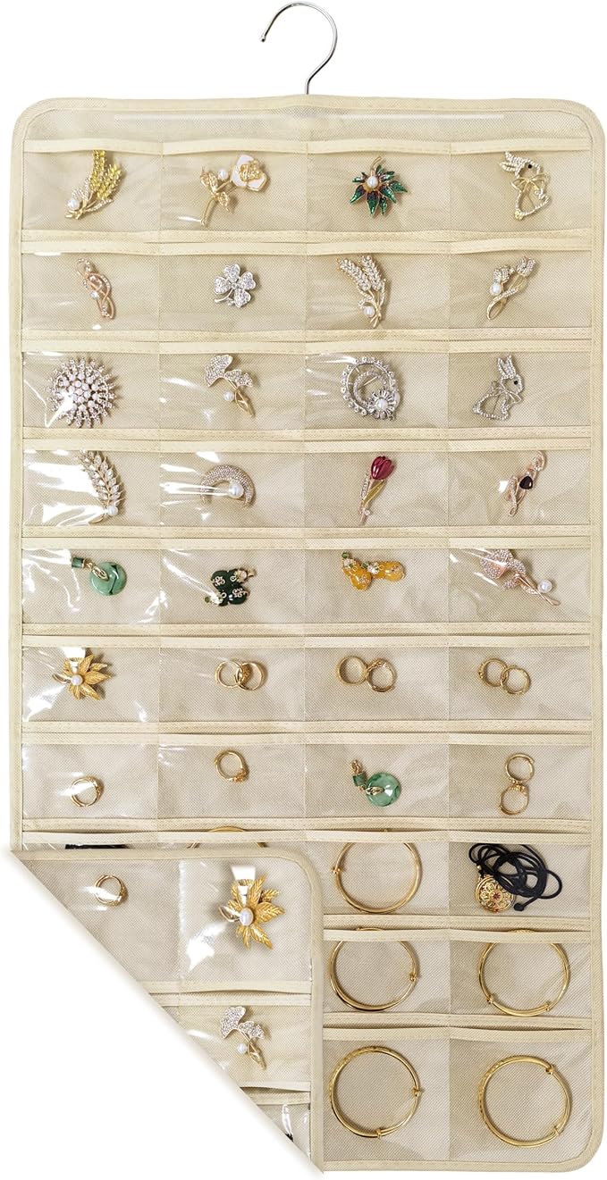 80 Pocket Hanging Jewelry Organizer with Hanger Metal Hooks Storage On Wall Door Closet Double-Sided(Each Side 40 Pockets) Jewelry Holder for Earrings, Necklaces, Rings (Beige)
