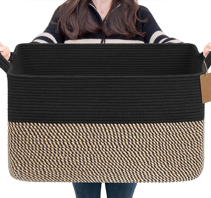 Goodpick Woven Storage Baskets for Organizing 22”x17”x12” Large Blanket Basket for Living Room Bedroom, Rectangle Wicker Storage Basket with Handles, Toy Baskets for Baby Boys, Black & Jute