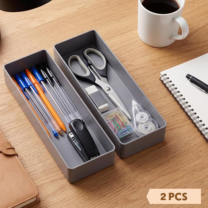 Teling 2 Pcs Grey Large Rectangular Desk Organizer Set, Half Accessory Tray, Plastic Tabletop Organizer for Office, Home, or Study, Dimensions: 9.45 x 2.95 x 1.38 Inches