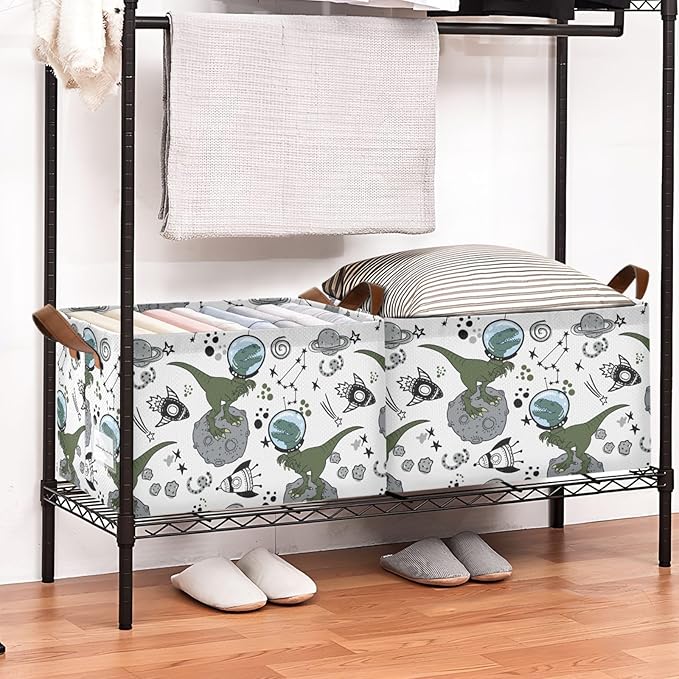 Outer Space Rocket and Dinosaur Storage Basket Foldable Cube Storage Bins with Handles&Label Waterproof Collapsible Organizer Box Bin Large Rectangle Decorative Baskets for Shelves Home Room Laundry