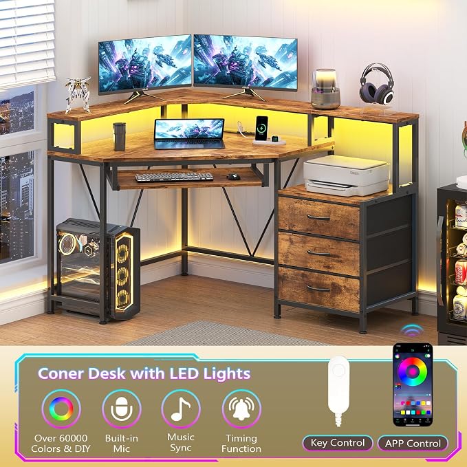 47" Corner Desk with Drawers, Power Outlets ＆ Printer Shelf for Small Space | Small Computer Desk with Monitor Stand, Triangle Gaming Desk with LED Lights and Keyboard Tray, Rustic Brown