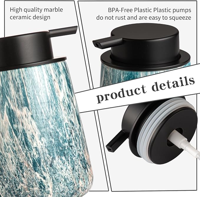 Enra Ceramic Foam Soap Dispenser, 12 oz Blue Foaming Soap Dispenser for Bathroom & Kitchen with Easy-to-Press Silver Pump（Blue Foam Type）