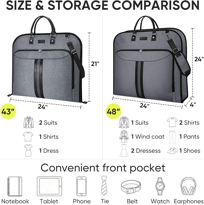 BALEINE Travel Garment Bag, Travel Suit Bag for Men, Water Resistant Carry on Garment Bag for Hanging Clothes, Garment Duffel Bag for Travel Business (Grey, 48")