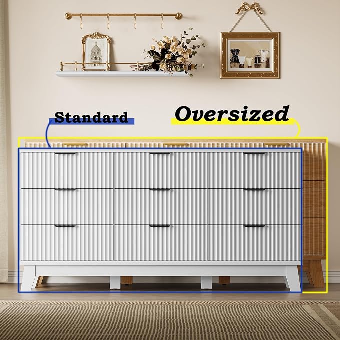 BORNOON 63" Long Dresser for Bedroom, 9-Drawer Fluted Dresser, Extra-Wide Wood Chest of Drawers with Smooth Metal Slides, Stable Base, Modern Clothes Storage Cabinet for Living Room, Hallway, Nursery