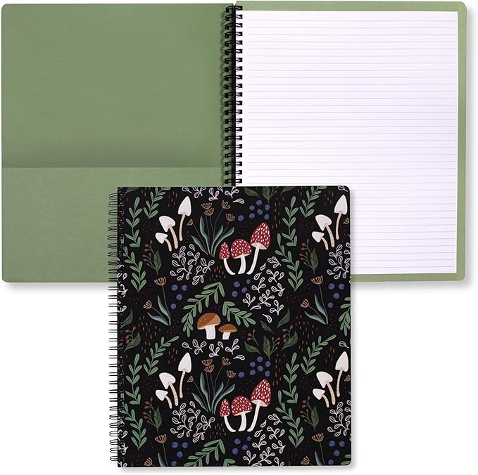 Steel Mill & Co Cute Large Spiral Notebook College Ruled, 11" x 9.5" with Durable Hardcover and 160 Lined Pages, Mushroom