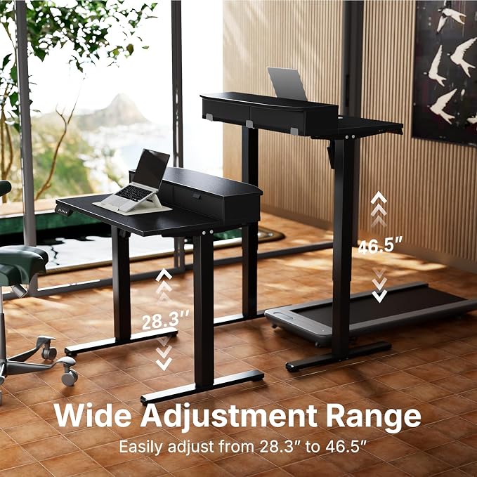 HUANUO 32" X 21" Electric Standing Desk with 2 Drawers, C-Clamp Mount Compatible, Height Adjustable Computer Desk, Home Office Stand Up Desk with 4 Preset Heights & 2 Hooks, Black