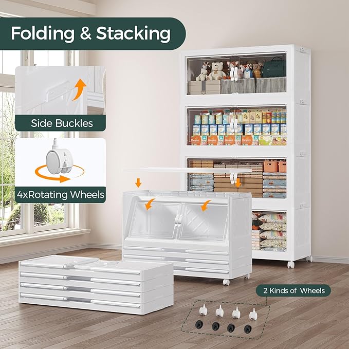 150Gal Stackable Storage Bins with Lid, 600Qt Extra Large Collapsible Storage Box with Doors and Wheels, Plastic Closet Organizer and Storage Cabinet Drawer for Home Kitchen, 5Pack White