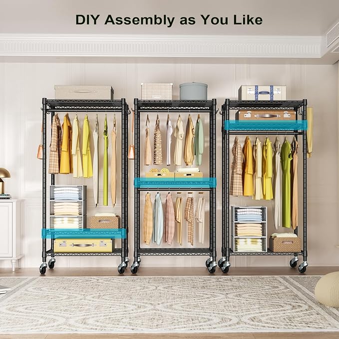 FUTASSI P3 Mini Rolling Clothes Rack, Clothing Racks for Hanging Clothes, Heavy Duty Garment Rack with Wheels, Freestanding Portable Closet Racks 23.6'' W x 14'' D x 78.5'' H, Max Load 430 Lbs, Black