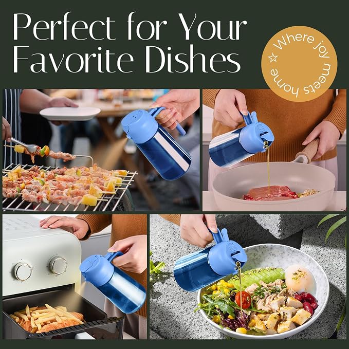 YARRAMATE 16oz/470ml Light-Blocking Dark Oil Sprayer for Cooking, 2 in 1 Olive Oil Dispenser Bottle for Kitchen, Premium Blue Glass Oil Bottle, Food-Grade Oil Mister for Air Fryer, BBQ (Skyblue)