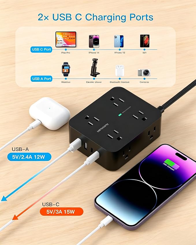 10 Ft Power Strip Flat Plug, Extension Cord Surge Protector with 8 Outlets and 4 USB Ports (2 USB C), Ultra Thin Flat Wall Plug, 1080J Surge Protection, Mountable Charging Station for Dorm, Office