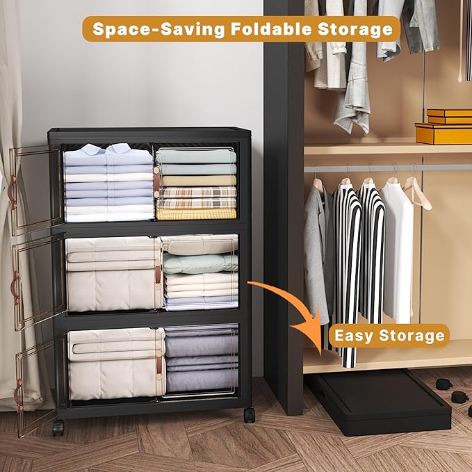 UAMFURI Extra Large Stackable Storage Bins with Lids & Wheels, Foldable Collapsible Closet Organizers Dark Storage Cabinet with Doors for Bedroom Dorm