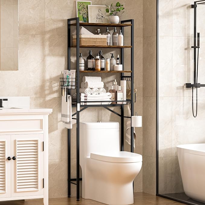 TETOTE Over-The-Toilet Storage Rack, 4-Tier Bathroom Organizer Shelf Over Toilet with Adjustable Shelf and Basket, Freestanding Space Saver Bathroom Shelves Above Toilet for Room(Brown)