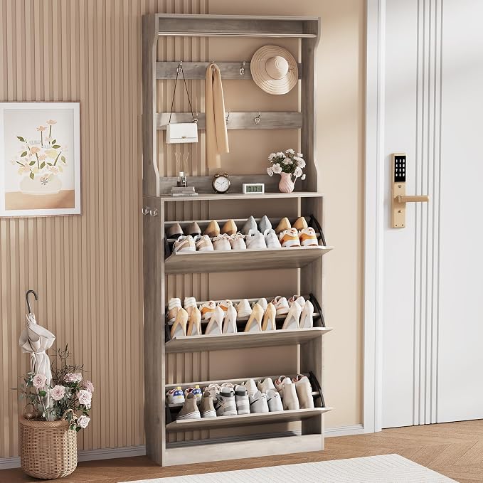 Shoe Storage Cabinet, Wood Shoe Organizer for Entryway with 3 Flip Drawers, Freestanding Shoe Rack with Adjustable Shelf, Narrow Shoe Dresser for Front Door Entrance (Grey, Tall 3 Drawers)