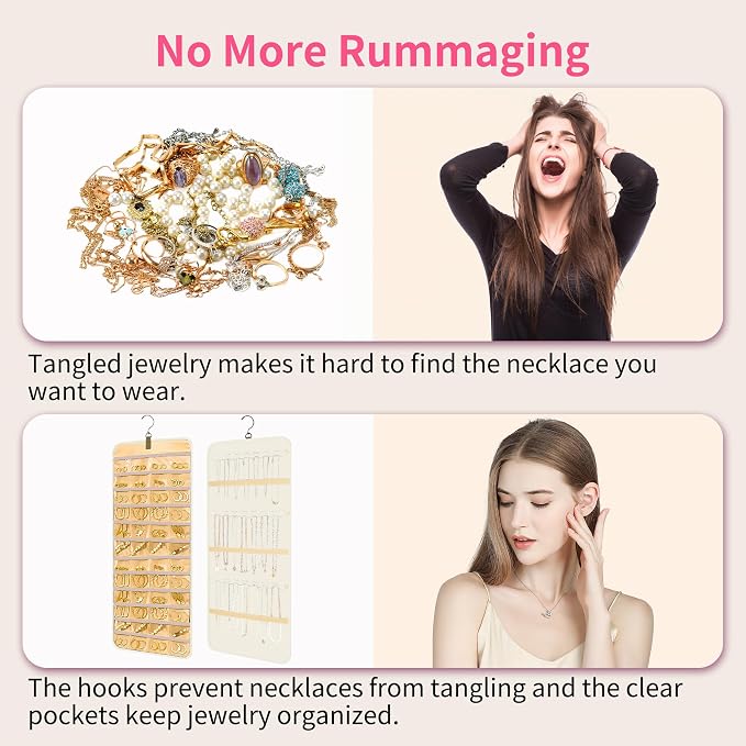 Bloss Hanging Jewelry Organizer with 48 Pockets, Double-Side Hanging Jewelrys Holder with Hanger Hooks, Jewelry Organizers and Accessories Storage for Earrings, Necklaces and Rings,Beige