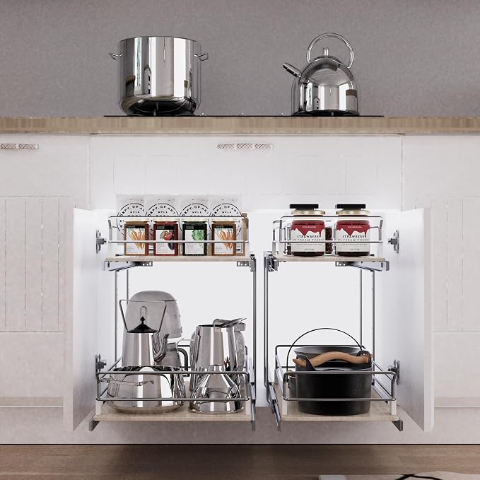 2 Tier Pull Out Cabinet Organizer 11.06" W X 22" D, Wood & Chromed | Full Slide Out Drawers For Kitchen Cabinets, Cabinets Capacity Heavy Duty Caddy, Cabinet Pullout Shelves , Pantry Storage