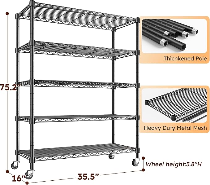 REIBII 1984LBS Heavy Duty Wire Shelving Unit with Wheels, 75.2" H Storage Shelves, 5 Tier Adjustable Metal Shelving for Pantry Kitchen Garage,No-Tools Installation, 75.2" H x 35.5" W x 16" D, Black