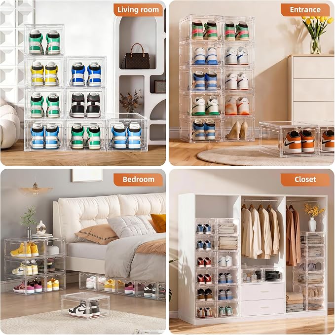 KEFA XL Shoe Storage Box Organizer, 12 Pack Shoe Boxes Clear Plastic Stackable, Sneaker Display Case Container Fit for US 12