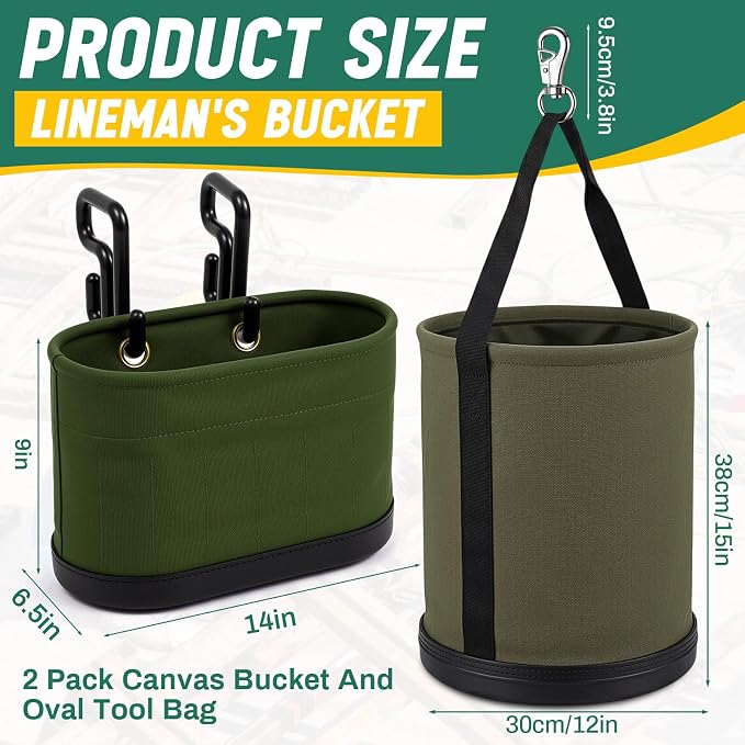 2 Pack Canvas Bucket & Oval Tool Bag, Bucket Tool Organizers with Reinforced Bottom and Hook for Lineman Electrician Construction Workers (Army Green + Black)