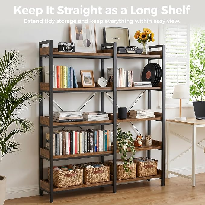 GTPLAYER 5-Tier Corner Bookshelf, L-Shaped Metal Frame Shelf with Tall 14" Shelves, Plant Stand and Storage Rack for Small Spaces, Living Room and Home Office, Brown