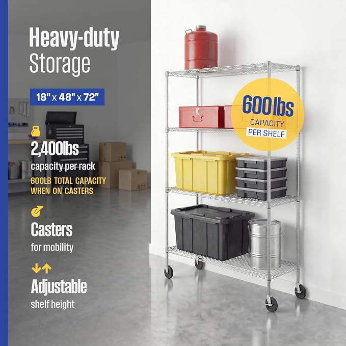 SafeRacks NSF 4-Tier Heavy Duty Steel Wire Rack w/Wheels (18"x48"x72")