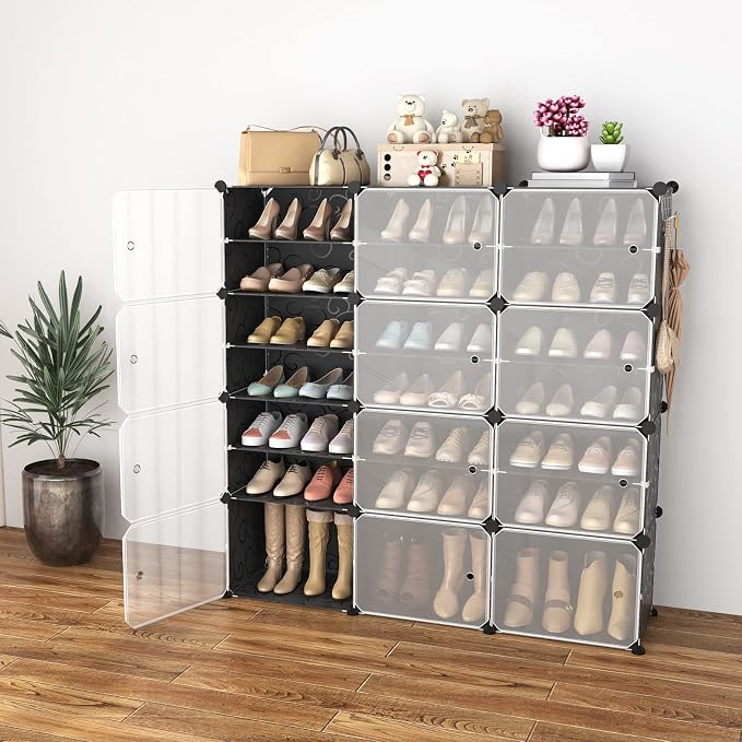Portable Shoe Rack Organizer with Door, 48 Pairs Shoe Storage Cabinet Easy Assembly, Plastic Adjustable Shoe Organizer Stackable Detachable Free Standing Shoe Rack DIY Expandable 8 Tier Black