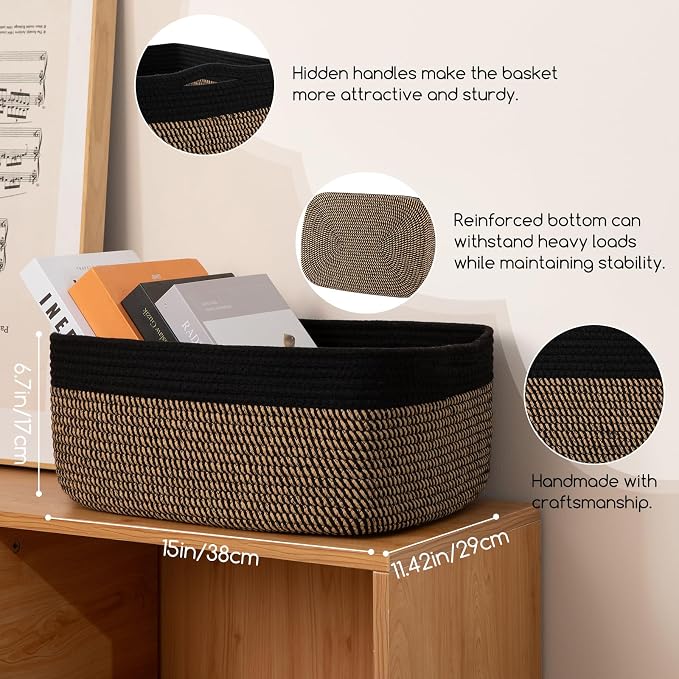 OIASKET Storage Baskets for Organizing 3 Pack, Woven Baskets for Shelves, Closet Organizer Bins Empty Gift Basket Toy Storage for Toys, Books, Towels, Clothes, 15"x11.42"x6.7", Black & Yellow