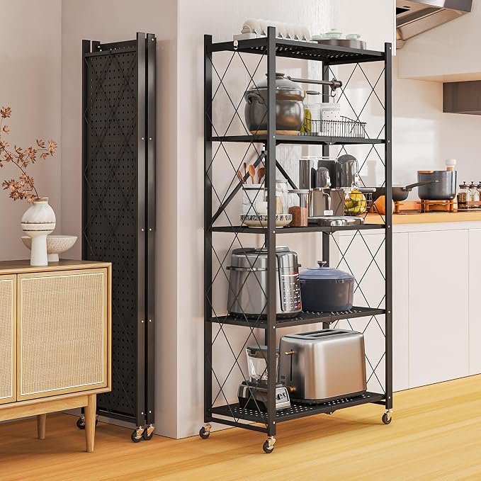 Fenbeli 5 Tier Storage Shelf with Wheels - Metal Collapsible Shelving Unit Display, Heavy Duty Folding Shelves, No Assembly Organizer Rack for Garage Kitchen, Basement, Pantry (Black, 5 Tier)