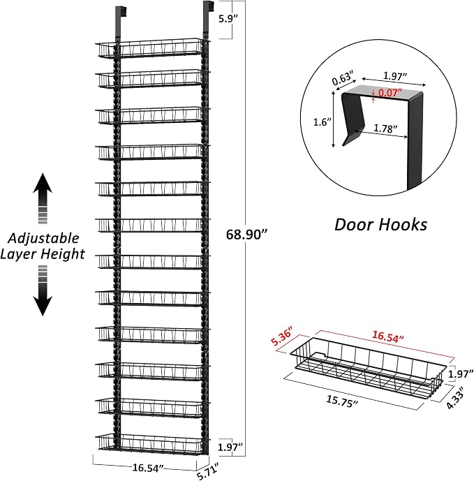 Churboro Over the Door Pantry Organizer Rack with 12 Adjustable Baskets, 12 Tiers Dual-use Spice Rack- Hanging or Wall Mount Spice Rack, Pantry Door Organizer, Black