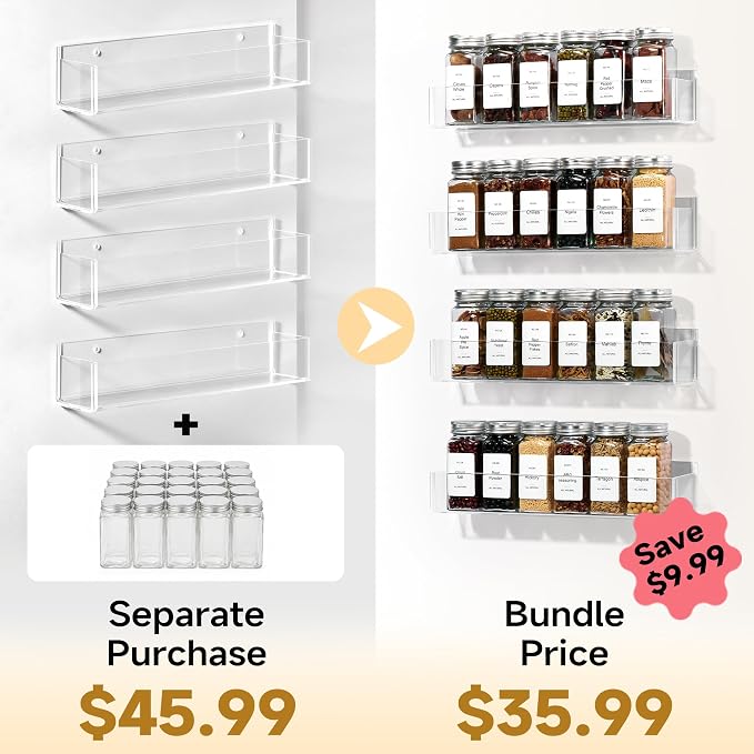 4-Tier Acrylic Wall Mount Spice Rack, Spice Organizer with 24 Glass Jars, 216 Labels & Funnel, Adhesive & Screw Mount Clear Spice Storage for Kitchen Pantry Cabinet, 12”W x 2.2”D x 2.4”H