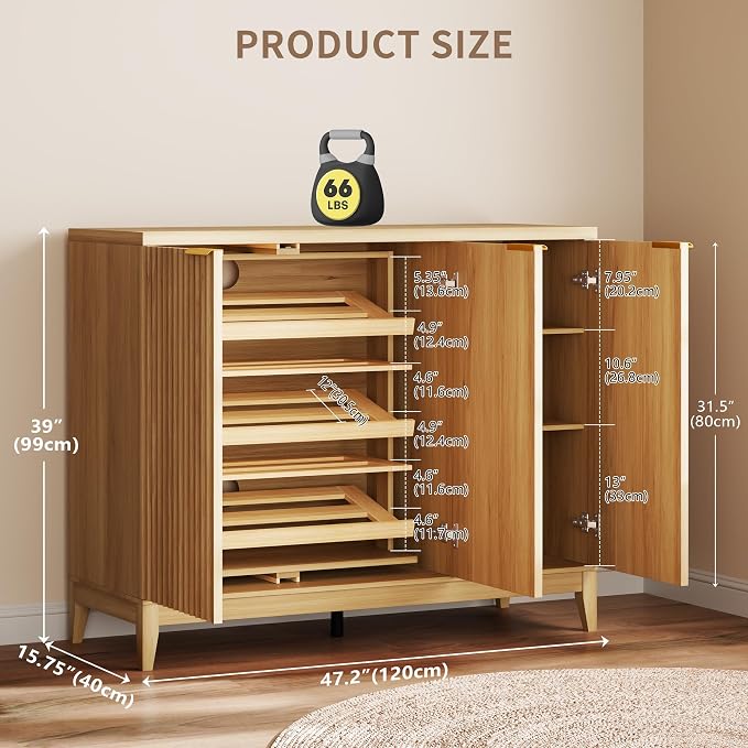 Vlsrka Shoe Storage Cabinet with Fluted Doors and Adjustable Shelves | 6 Tier Wooden Shoe Organizer, Large Capacity, Human Sensor Lighting, 180° Rotating, for Entryway, Hallway, Living Room, Wood