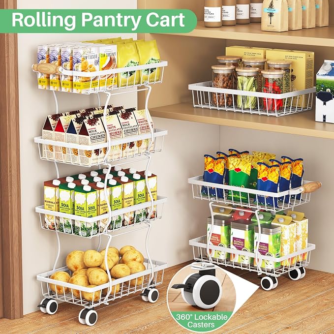 SAYZH Fruit Basket Kitchen Pantry Organizers and Storage - 4 Tier Stackable Metal Wire Basket Stand for Fruit Vegetable Snacks Jars Bins Containers Organization, (White, 4 Tiers)