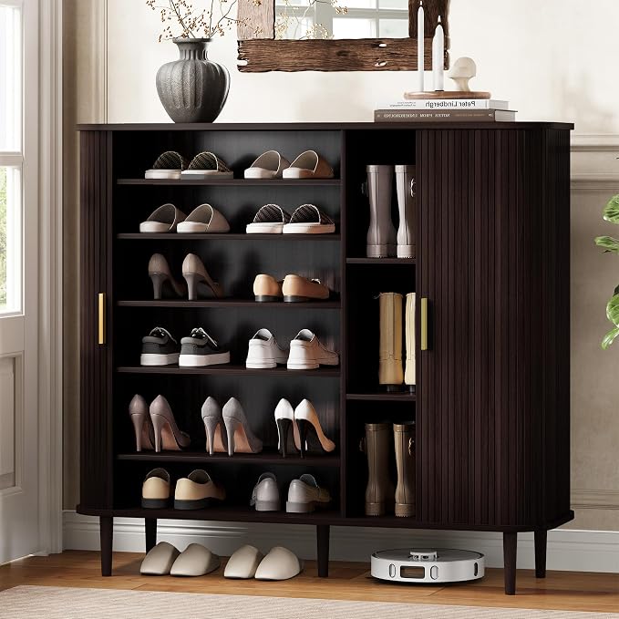 DHH Shoe Storage Cabinet with Sliding Door, 6-Tier Shoe Cabinet with Adjustable Shelves, Modern Freestanding Shoe Storage Organizer for Entryway, Hallway, Living Room (Dark Walnut, 47 ")