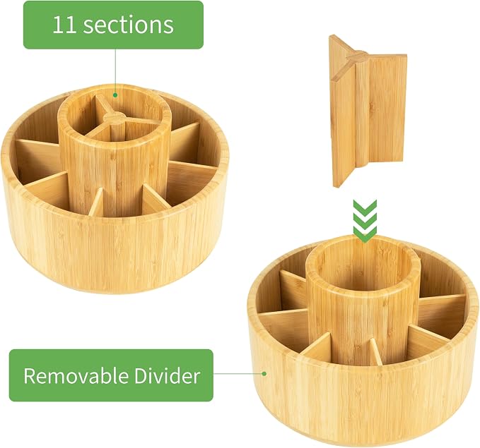 Utoplike Large Bamboo Rotating Pencil Holder, 360° Colored Pen Organizer | Spinning Art Supply Desk Caddy with Raised Center, 11-Compartment Desktop Storage for Pens, Markers and Office Supplies