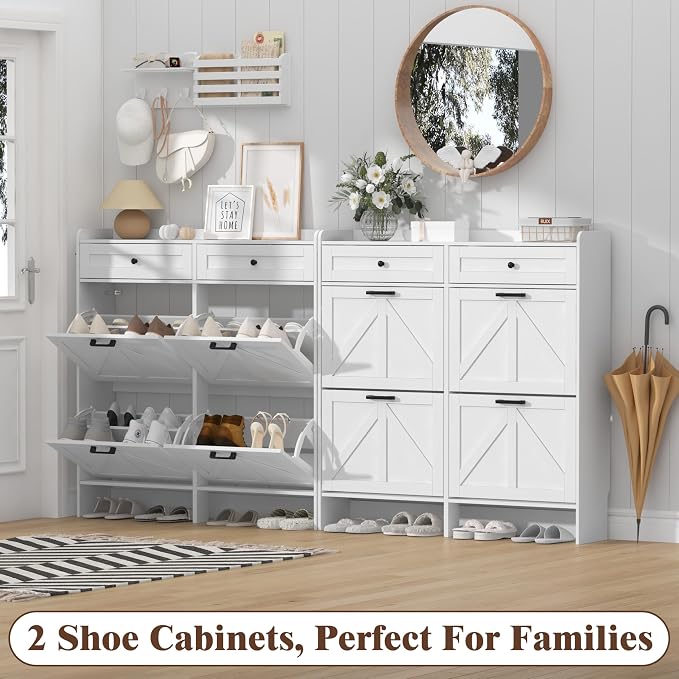 Thacuok Shoe Cabinet with 4 Flip Drawers & 2 Storage Drawers, Rustic Farmhouse Narrow Shoe Organizer Cabinet, Slim Shoe Rack Cabinet, Shoe Storage Cabinet for Entryway, Hallway, Front Door