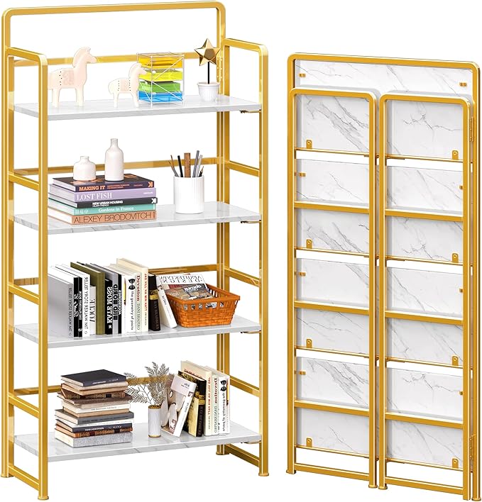 4NM No Assembly Folding Bookshelf, 4-Shelf 54" H Collapsible Foldable Bookcase Storage for Small Spaces, White and Golden