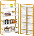 4NM No Assembly Folding Bookshelf, 4-Shelf 54" H Collapsible Foldable Bookcase Storage for Small Spaces, White and Golden
