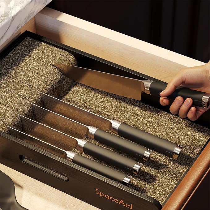 SpaceAid Knife Drawer Organizer 9 inches Wide Bamboo Insert Dock, Kitchen Steak Knives Holder Organizers Block for Drawer in Storage Organization (Medium, Black)