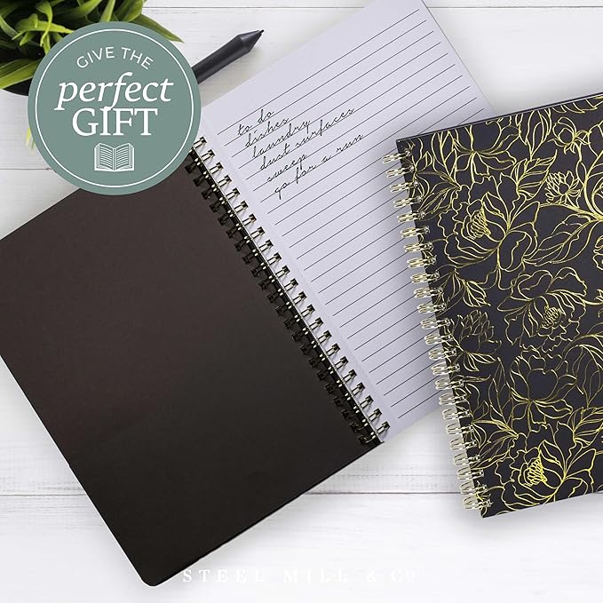 Steel Mill & Co Cute Black Mini Spiral Notebook, 8.25" x 6.25" Journal with Durable Hardcover and 160 Lined Pages, Linear Gold Floral