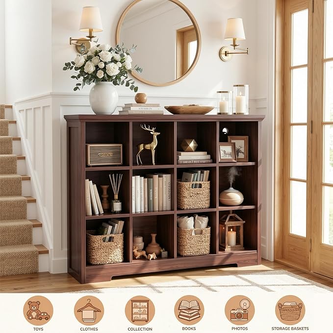 Aheaplus Wooden 12-Cube Storage Organizer with Charging Ports, Modern Cube Bookcase with Base, 4-Tier Floor Standing Open Cubbies Bookshelf, Cubicle Display Shelf for Home and Office, Black Walnut