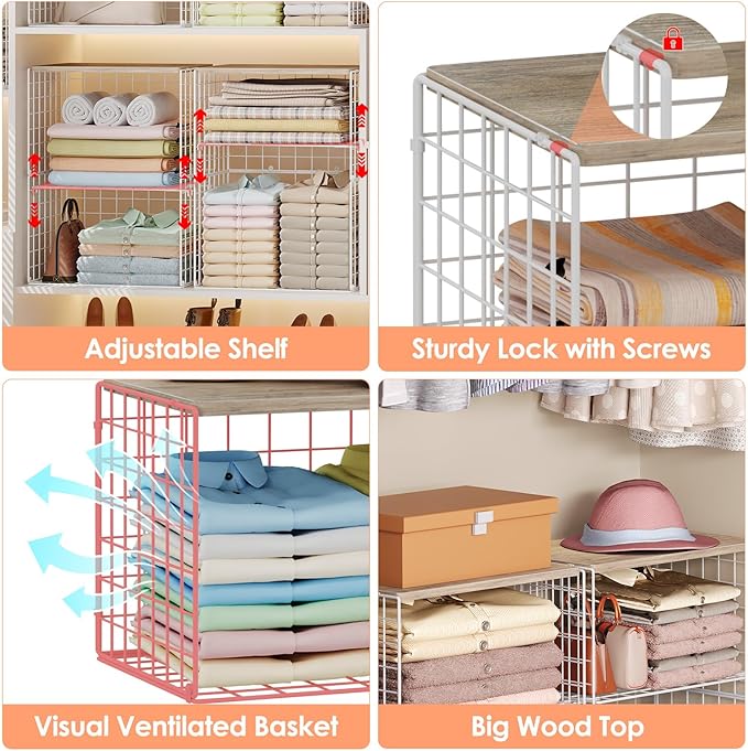 5 Pack Extra-Long Closet Organizers and Storage with Ajustable Shelf, Stackable Closet Shelf Organizer, Double Storage Design Clothes Storage Cube/Bin Organizer for Wardrobe, Space-Saving, White