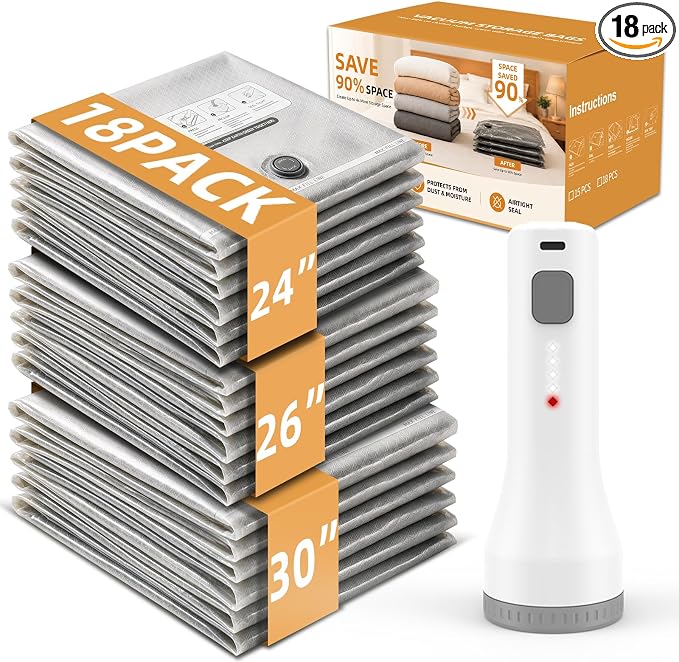 18 Pack Vacuum Storage Bags for Travel with Cordless Pump | 1.5s Hold to Start, 2000mAh Rechargeable, 100+ vacuum seals per charge, 60000Pa suction, for Luggage and Suitcase