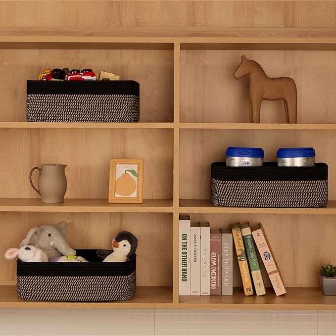 MiniArk Large Shallow Organizing Baskets 15x11x5.1 Inches - Rope Woven Storage Bins for Bathroom, Shelves, Cube Closet, Black Woven Brown 4 Packs