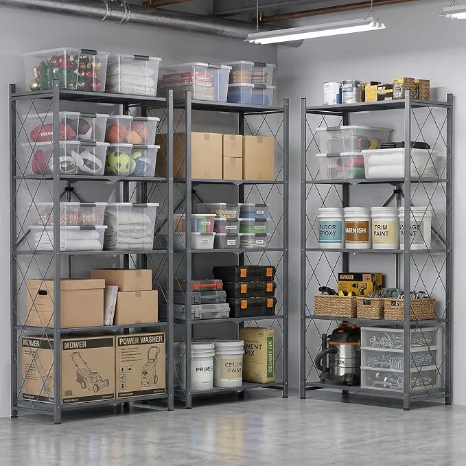 DEANIC 70.7" Tall Extra Large 5-Tier Folding Storage Shelf with Wheels, No Assembly Collapsible Metal Rack with Leveling Feet for Garage, Pantry, Basement, Vendor Display, Kitchen(Gray,1 Pack)