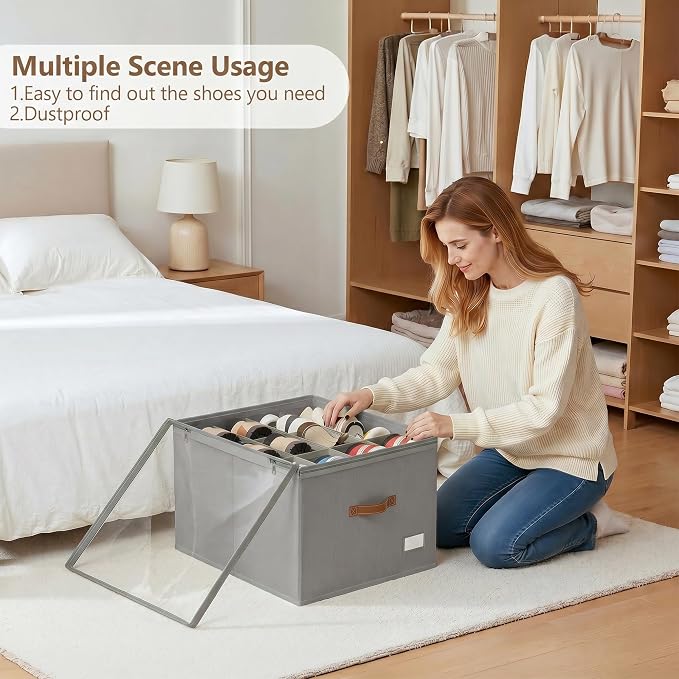 Shoe Organizer for Closet, 2 Pack Shoe Storage Bins Foldable Shoe Storage Box Containers with Clear Cover and Sturdy Handles, Shoe Rack for Closet Storage for Sneakers Heels Slippers, Fit 12-24 Pairs