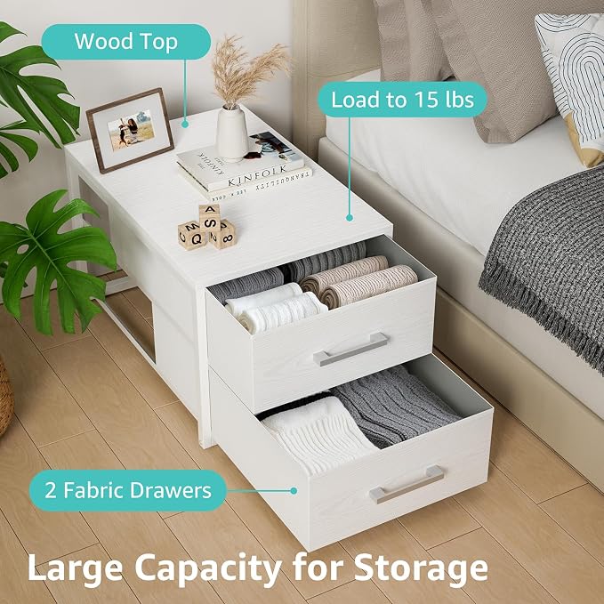 BOLUO Stackable Storage Drawers Narrow Closet Organizers and Storage Fabric White 2 Drawer Dresser for Bedroom 2 Packs Modern