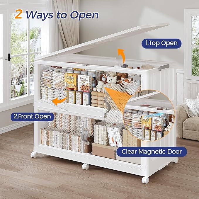 180Gal/720QT 3-Tiers Extra Large Stackable Storage Bins with Lid, Collapsible Cabinet Closet Organizer Plastic Container Box with Wheels Doors Drawers for Living Room Kitchen Office, White