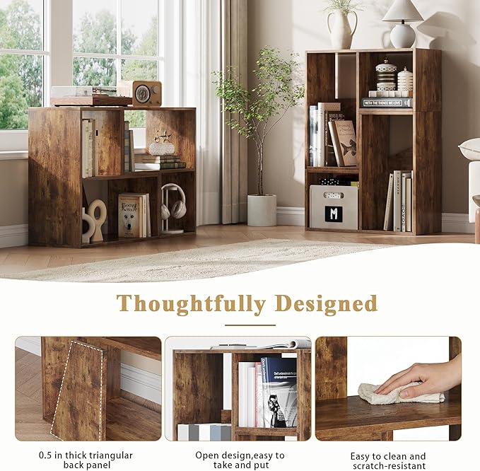 MapleGrace 6 Cube Storage Organizer, Wooden Storage Shelves Bookcase with Back Panels, Stackable Display Bookshelf for Living Room, Bedroom, Study, Hallway, Rustic Brown